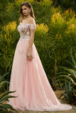 Off The Shoulder Pink A-Line Corset Beaded Long Prom Dress with Sequins