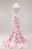 White Fuchsia Flower Mermaid Sweetheart Lace Corset Long Prom Dress