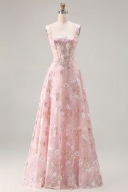 Pink Floral A-Line Corset Square Neck Long Prom Dress with Sequins