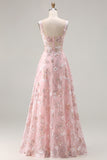Pink Floral A-Line Corset Square Neck Long Prom Dress with Sequins