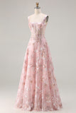 Pink Floral A-Line Corset Square Neck Long Prom Dress with Sequins