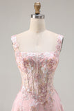 Pink Floral A-Line Corset Square Neck Long Prom Dress with Sequins