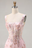Pink Floral A-Line Corset Square Neck Long Prom Dress with Sequins