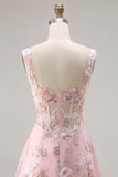 Pink Floral A-Line Corset Square Neck Long Prom Dress with Sequins