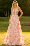 Pink Floral Corset A-Line Square Neck Long Prom Dress with Sequins