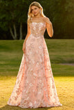 Pink Floral Corset A-Line Square Neck Long Prom Dress with Sequins