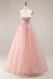 Blush A Line Appliqued Corset Tulle Spaghetti Straps Long Prom Dress