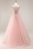 Blush A Line Appliqued Corset Tulle Spaghetti Straps Long Prom Dress