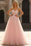 Blush A Line Appliqued Corset Tulle Spaghetti Straps Long Prom Dress