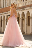 Blush A Line Appliqued Corset Tulle Spaghetti Straps Long Prom Dress
