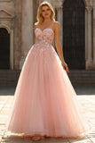 Blush A Line Appliqued Corset Tulle Spaghetti Straps Long Prom Dress
