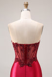 Burgundy Strapless Mermaid Beaded Corset Long Prom Dress with Slit