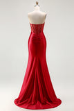 Red Strapless Mermaid Corset Beaded Ruched Satin Long Prom Dress with Slit