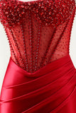 Red Strapless Mermaid Corset Beaded Ruched Satin Long Prom Dress with Slit