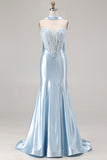 Mermaid Blue Corset Sweetheart Convertible Satin Long Prom Dress with Streamer