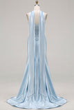 Mermaid Blue Corset Sweetheart Convertible Satin Long Prom Dress with Streamer