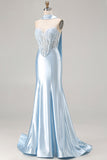 Mermaid Blue Corset Sweetheart Convertible Satin Long Prom Dress with Streamer