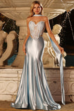 Blue Mermaid Corset Sweetheart Convertible Satin Long Prom Dress with Streamer