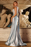 Blue Mermaid Corset Sweetheart Convertible Satin Long Prom Dress with Streamer