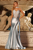 Blue Mermaid Corset Sweetheart Convertible Satin Long Prom Dress with Streamer
