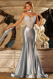 Blue Mermaid Corset Sweetheart Convertible Satin Long Prom Dress with Streamer
