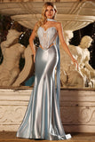 Blue Mermaid Corset Sweetheart Convertible Satin Long Prom Dress with Streamer