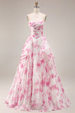 Strapless White Fuchsia Flower Sweetheart A Line Long Prom Dress