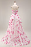 Strapless White Fuchsia Flower Sweetheart A Line Long Prom Dress