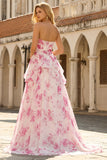 Strapless White Fuchsia Flower Sweetheart A Line Long Prom Dress