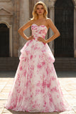 Strapless White Fuchsia Flower Sweetheart A Line Long Prom Dress