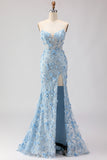 Strapless Blue Mermaid Corset Sequin Applique Long Prom Dress with Slit