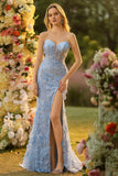 Blue Mermaid Strapless Corset Sequins 3D Flowers Long Prom Dress with Slit