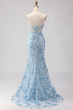 Blue Mermaid Strapless Corset Sequins 3D Flowers Long Prom Dress with Slit