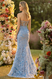 Blue Mermaid Strapless Corset Sequins 3D Flowers Long Prom Dress with Slit