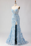 Strapless Blue Mermaid Corset Sequin Applique Long Prom Dress with Slit