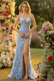 Blue Mermaid Strapless Corset Sequins 3D Flowers Long Prom Dress with Slit