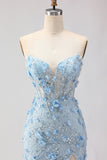 Strapless Blue Mermaid Corset Sequin Applique Long Prom Dress with Slit