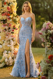 Blue Mermaid Strapless Corset Sequins 3D Flowers Long Prom Dress with Slit