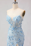 Strapless Blue Mermaid Corset Sequin Applique Long Prom Dress with Slit
