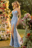 Blue Mermaid Strapless Corset Sequins 3D Flowers Long Prom Dress with Slit