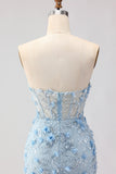Strapless Blue Mermaid Corset Sequin Applique Long Prom Dress with Slit