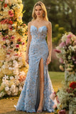 Blue Mermaid Strapless Corset Sequins 3D Flowers Long Prom Dress with Slit