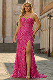 Fuchsia Plus Size Mermaid Strapless Corset Sequins 3D Flowers Long Prom Dress with Slit