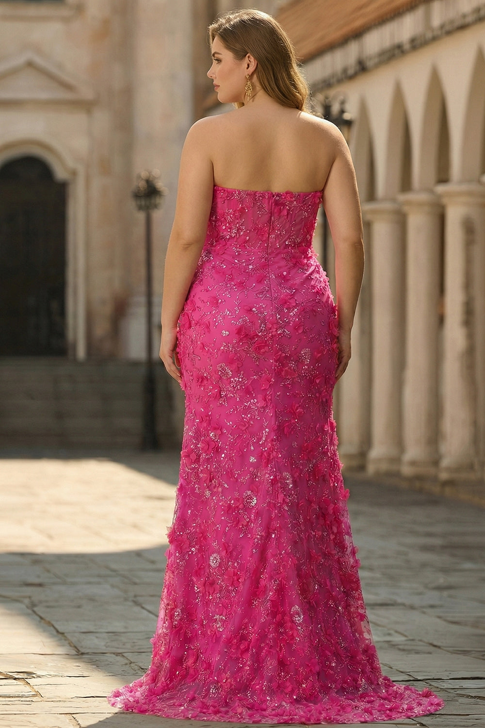 WEDTREND Women Fuchsia Plus Size Long Prom Dress with Slit Mermaid Strapless Corset 3D Flowers Party Dress with Sequins, Fuchsia / US22W