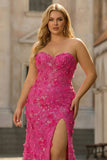 Fuchsia Plus Size Mermaid Strapless Corset Sequins 3D Flowers Long Prom Dress with Slit