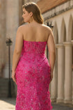 Fuchsia Plus Size Mermaid Strapless Corset Sequins 3D Flowers Long Prom Dress with Slit