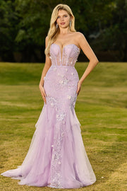 Purple Mermaid Strapless Corset Appliqued Long Prom Dress