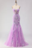 Purple Mermaid Strapless Corset Appliqued Long Prom Dress