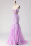 Purple Strapless Mermaid Corset Appliqued Long Prom Dress