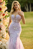 Purple Mermaid Strapless Corset Appliqued Long Prom Dress